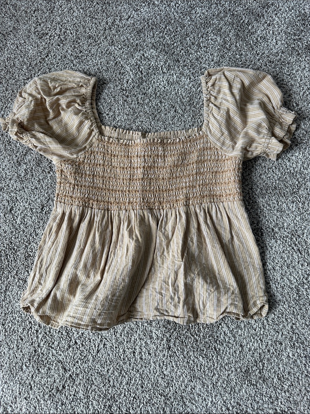American Eagle Outfitters Beige Striped Smocked Square-Neck Puff Sleeve Top